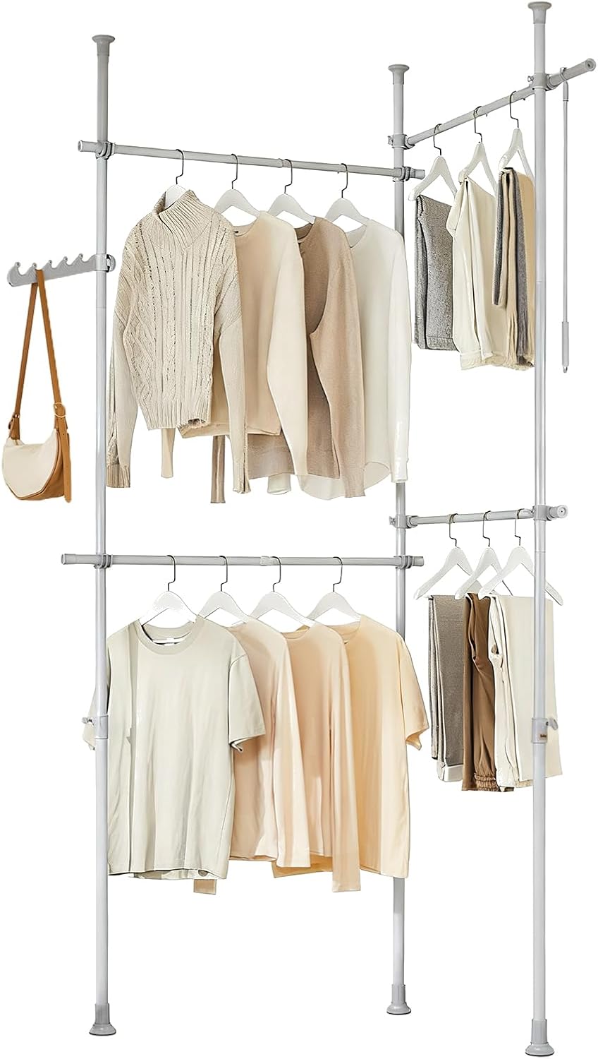 Teleskopisk tøjstativ, robust tøjstang, justerbar åben garderobe til soveværelse, garderobestativ, lysegrå