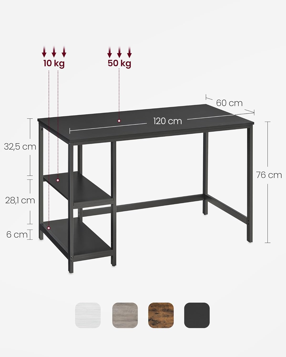 Stilfuldt skrivebord i industriel stil, D60xB120xH75cm, sort