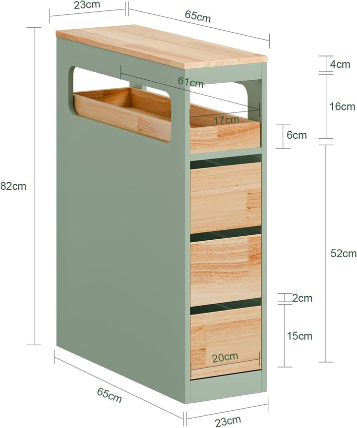 Smalt badeværelsesskab med 3 skuffer, pladsbesparende rullevogn på hjul, velegnet til badeværelse, toilet og køkkenopbevaring, 65x24x82 cm, grøn