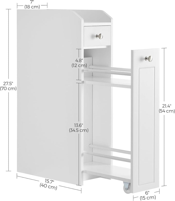 Lille badeværelsesskab, smal badeværelsesopbevaringsenhed, badeværelsesorganisator, fritstående skab til toiletpapir med udtrækkelige skuffer, til små rum, hvid