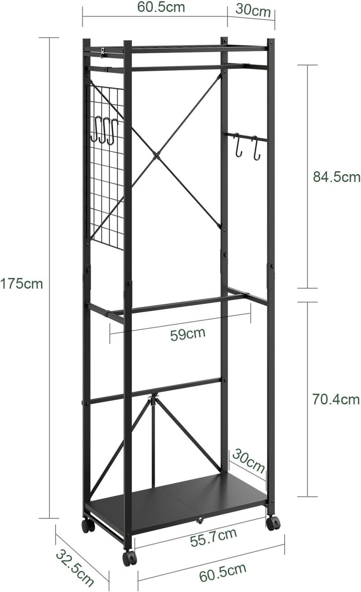 Foldbart tøjstativ smal på hjul, 60,5x32,5x175cm