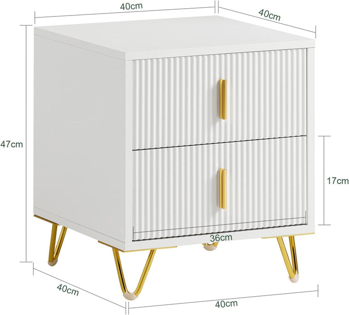 Sengeborde, sæt med 2 styks, natbord med 2 skuffer, moderne sidebord til soveværelse, B40 x D40 x H47 cm, hvid