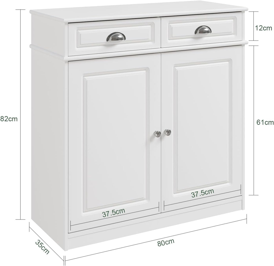 Elegant skoskab & kommode – plads til 12-15 par sko – justerbare hylder & 2 skuffer – hvid MDF