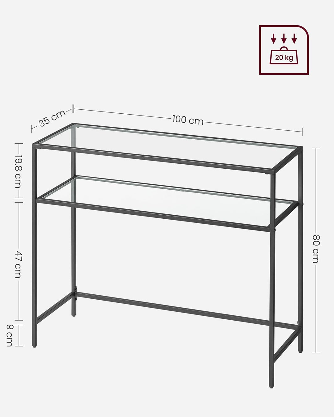 Konsolbord, hærdet glasbord, stålstel, 2 hylder, sort