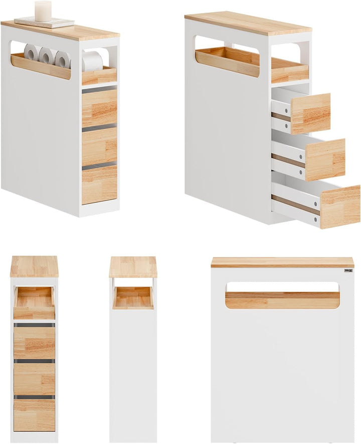 Smalt badeværelsesskab på hjul med 3 skuffer, pladsbesparende rullebord til badeværelse og toilet