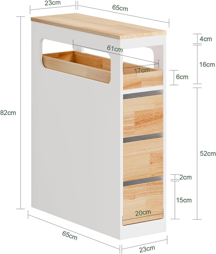 Smalt badeværelsesskab på hjul med 3 skuffer, pladsbesparende rullebord til badeværelse og toilet