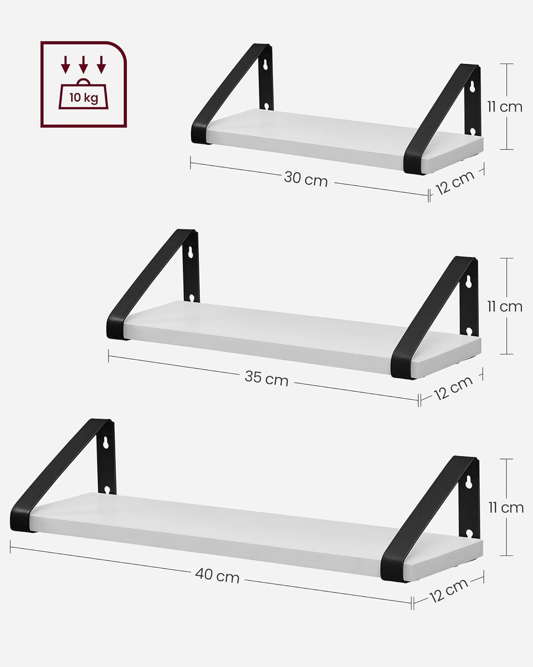 Sæt med 3 vægmonterede robuste displayhylder, industrielt design, hvid