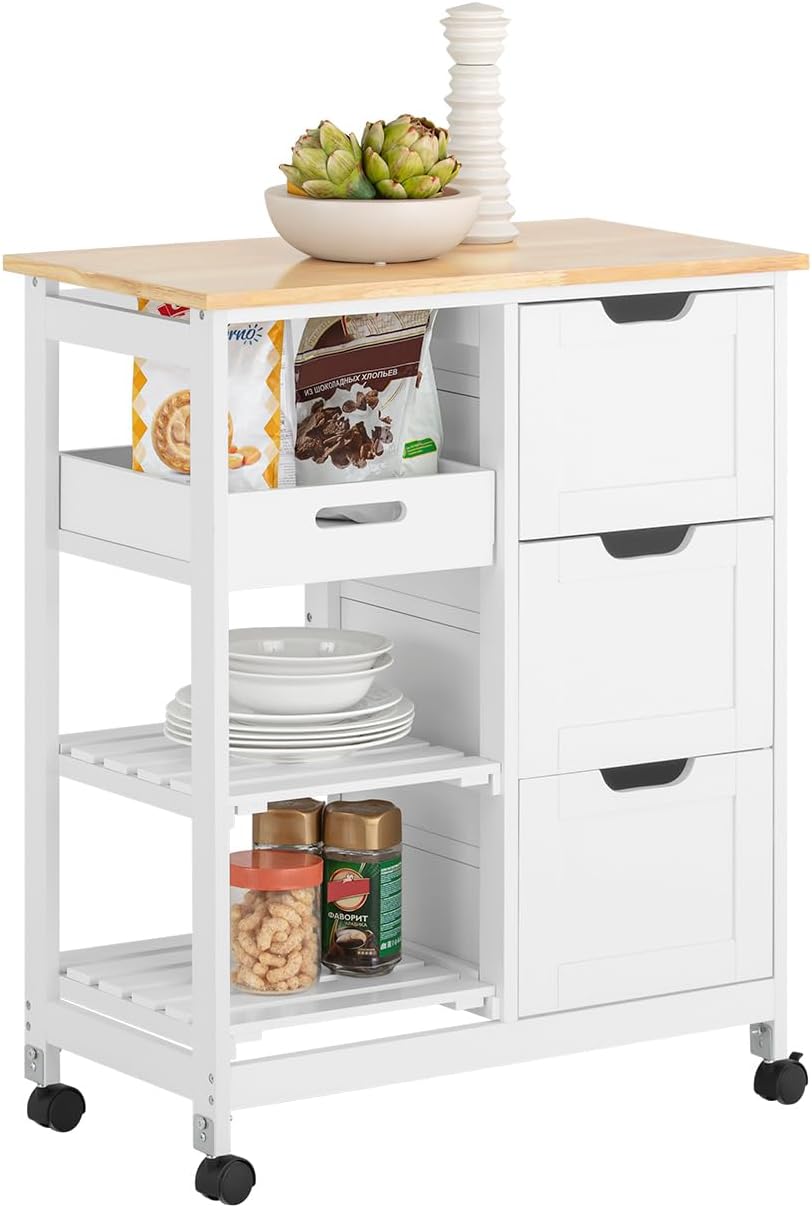 Serveringsvogn med hjul / køkkenvogn med 2 aftagelige hylder og 1 bakke, B68 x D38 x H85 cm, hvid