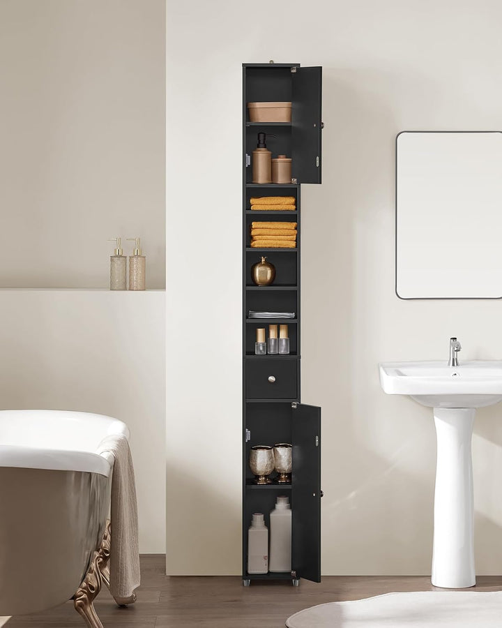 Sort, slankt badeværelsesskab i massivt træ – fritstående med justerbare hylder, 20D x 20B x 180H