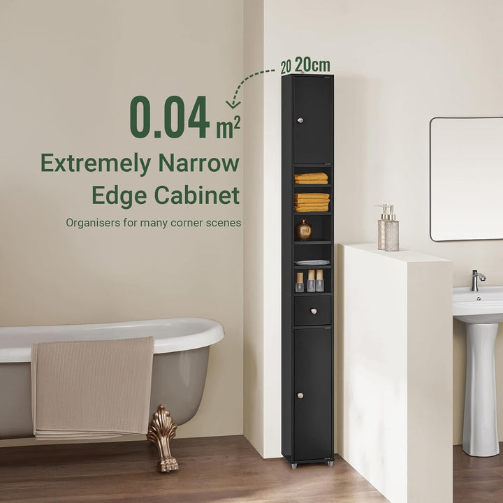 Sort, slankt badeværelsesskab i massivt træ – fritstående med justerbare hylder, 20D x 20B x 180H