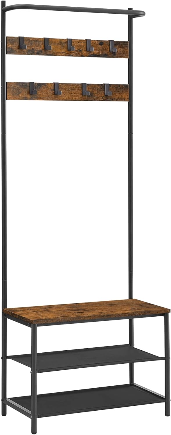 Tøjstativ med 9 aftagelige knager og bænk, 32x64x180 cm, brun/sort