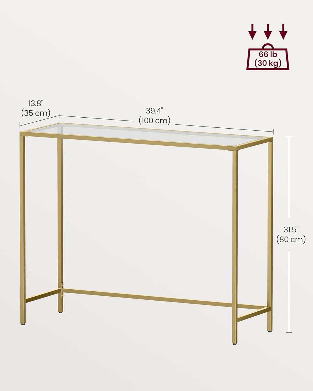 Konsolbord i hærdet glas med metalramme, justerbare fødder, D35 x B100 x H80 cm, guldfarvet