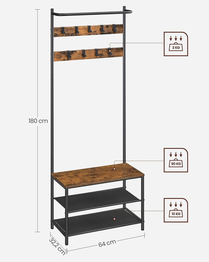 Tøjstativ med 9 aftagelige knager og bænk, 32x64x180 cm, brun/sort