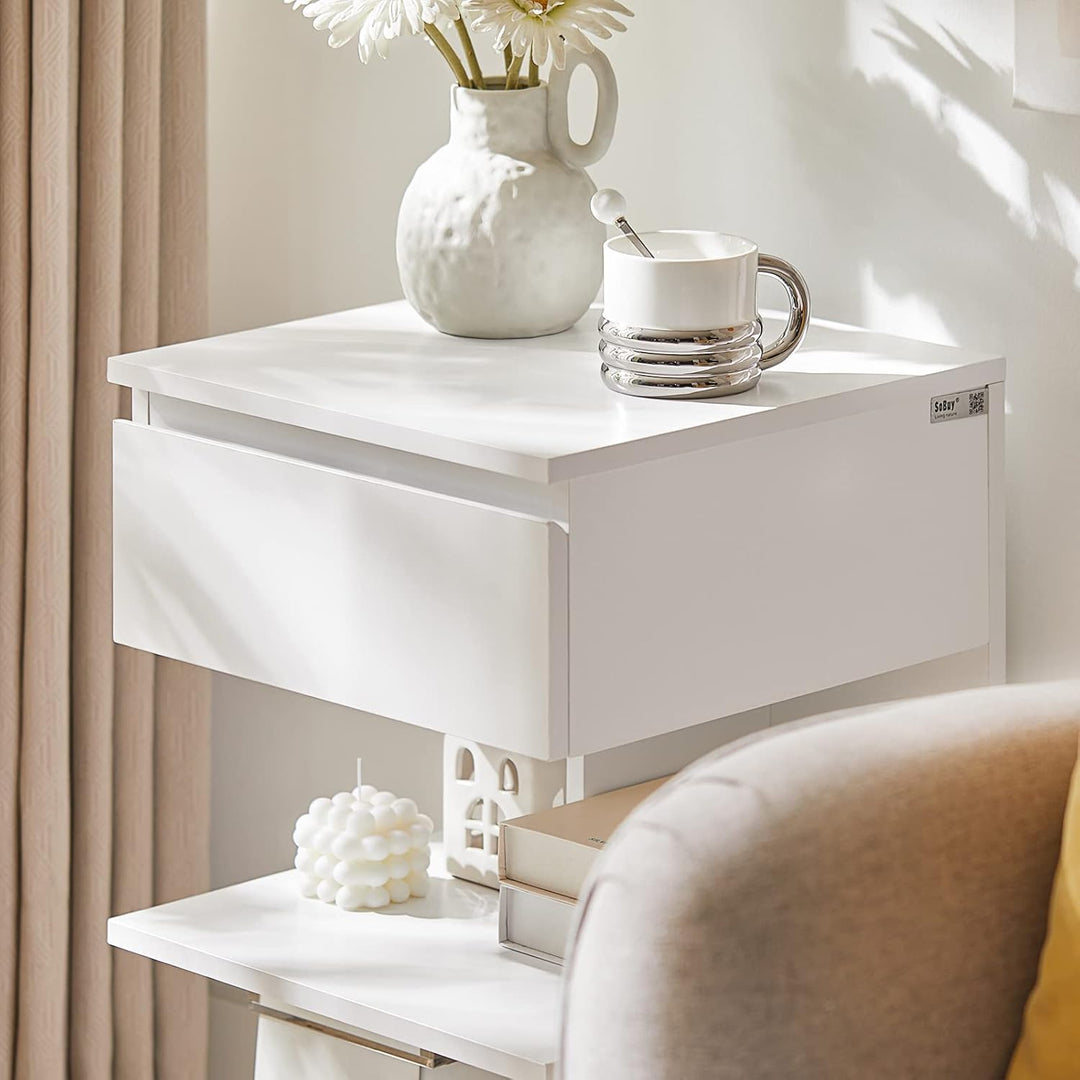 Sæt med 2 smalle hvide sengeborde – moderne natskabe med 1 skuffe og 2 hylder, 39 × 39 × 65 cm