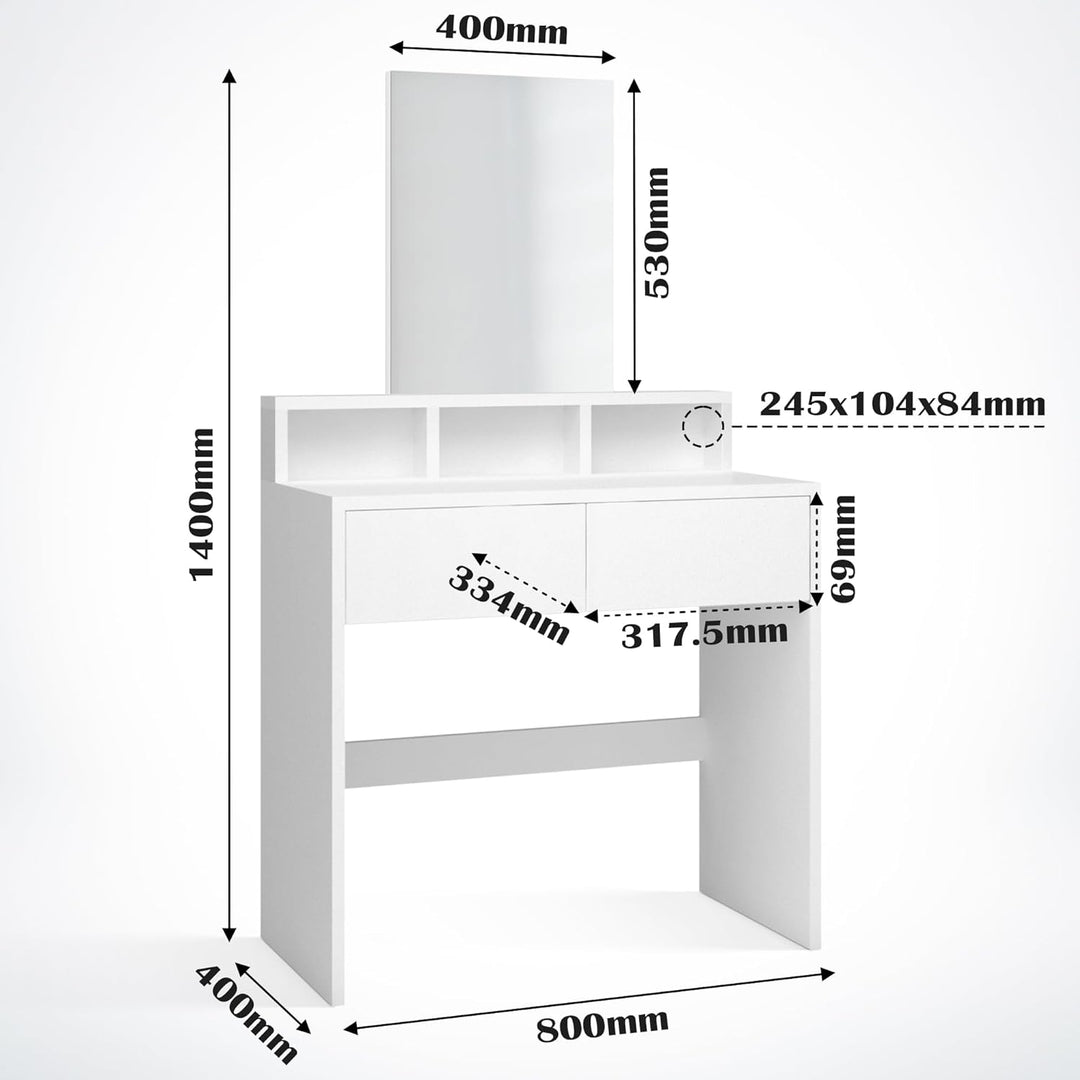 Sminkebord med spejl, 2 skuffer, hylde, elegant, stabilt, pladsbesparende, hvid