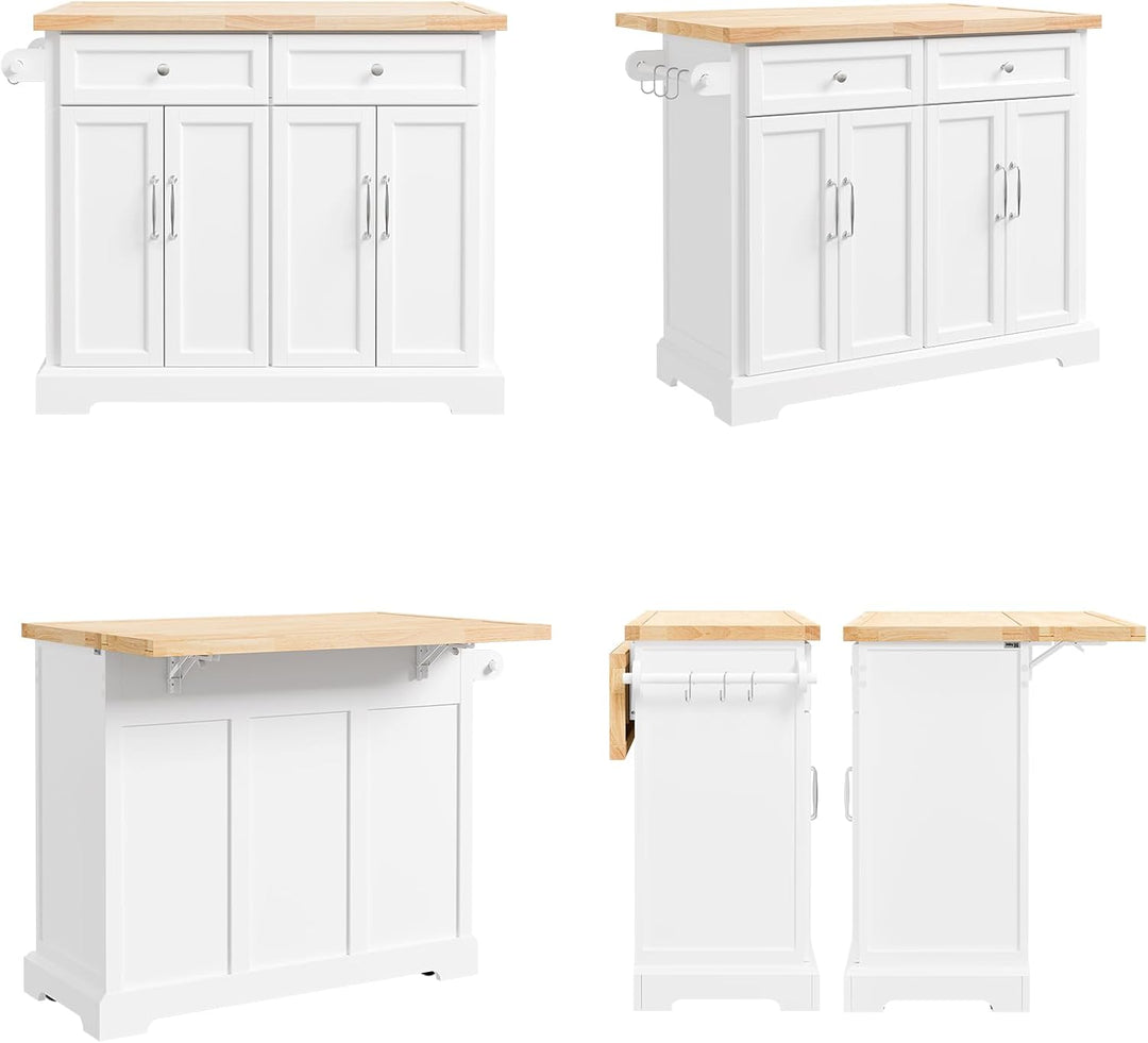 Stor køkkenø på hjul med udtrækkelig bordplade, mobil køkkenvogn med skuffer og opbevaring