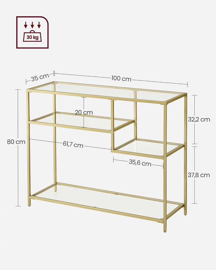 Konsolbord, 100x35x80cm, guldfarvet kant i chikt glas