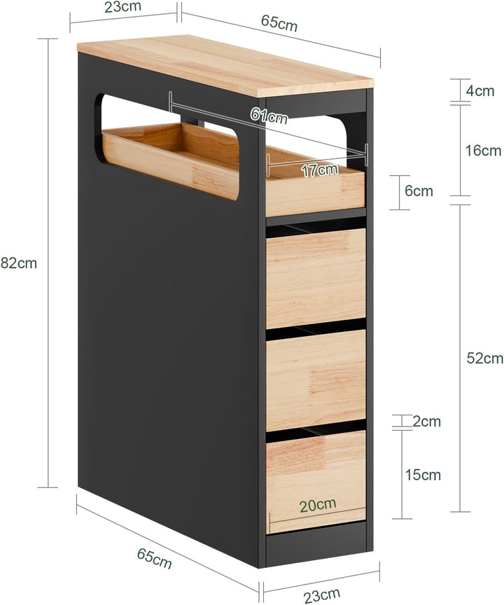 Smalt badeværelsesskab med 3 skuffer, pladsbesparende rullevogn på hjul, velegnet til badeværelse, toilet og køkkenopbevaring, 65x23x82 cm, sort