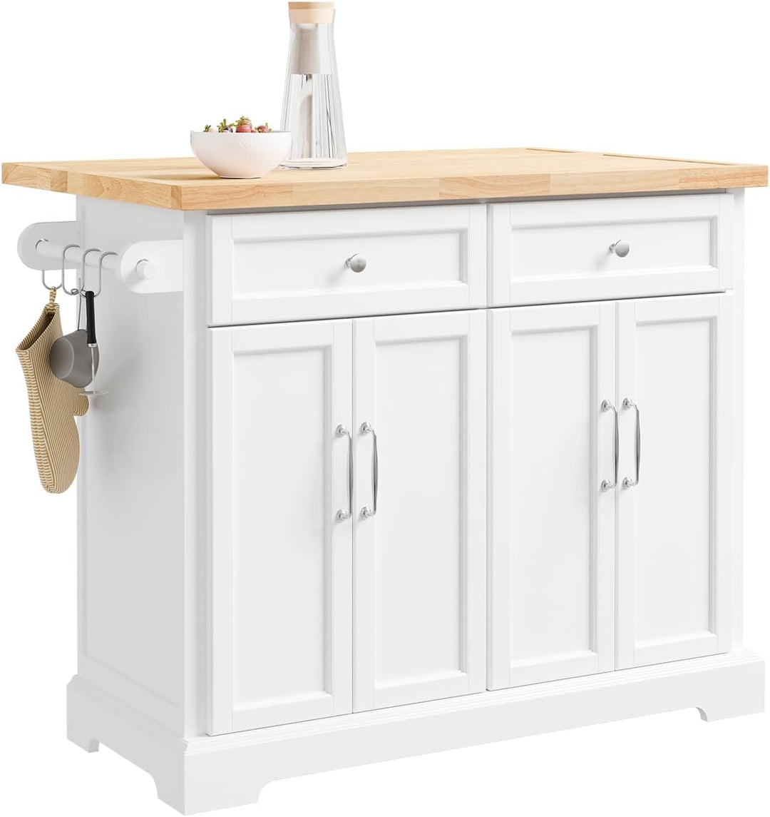 Stor køkkenø på hjul med udtrækkelig bordplade, mobil køkkenvogn med skuffer og opbevaring