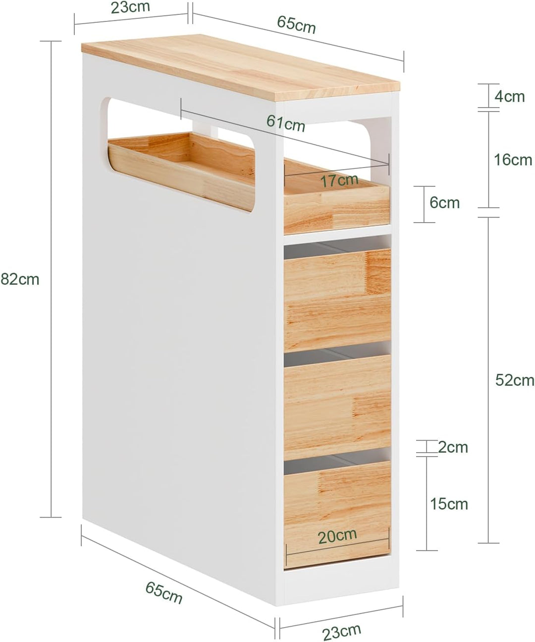 Smalt badeværelsesskab med 3 skuffer, pladsbesparende rullevogn på hjul, velegnet til badeværelse, toilet og køkkenopbevaring, 65x23x82 cm, hvid