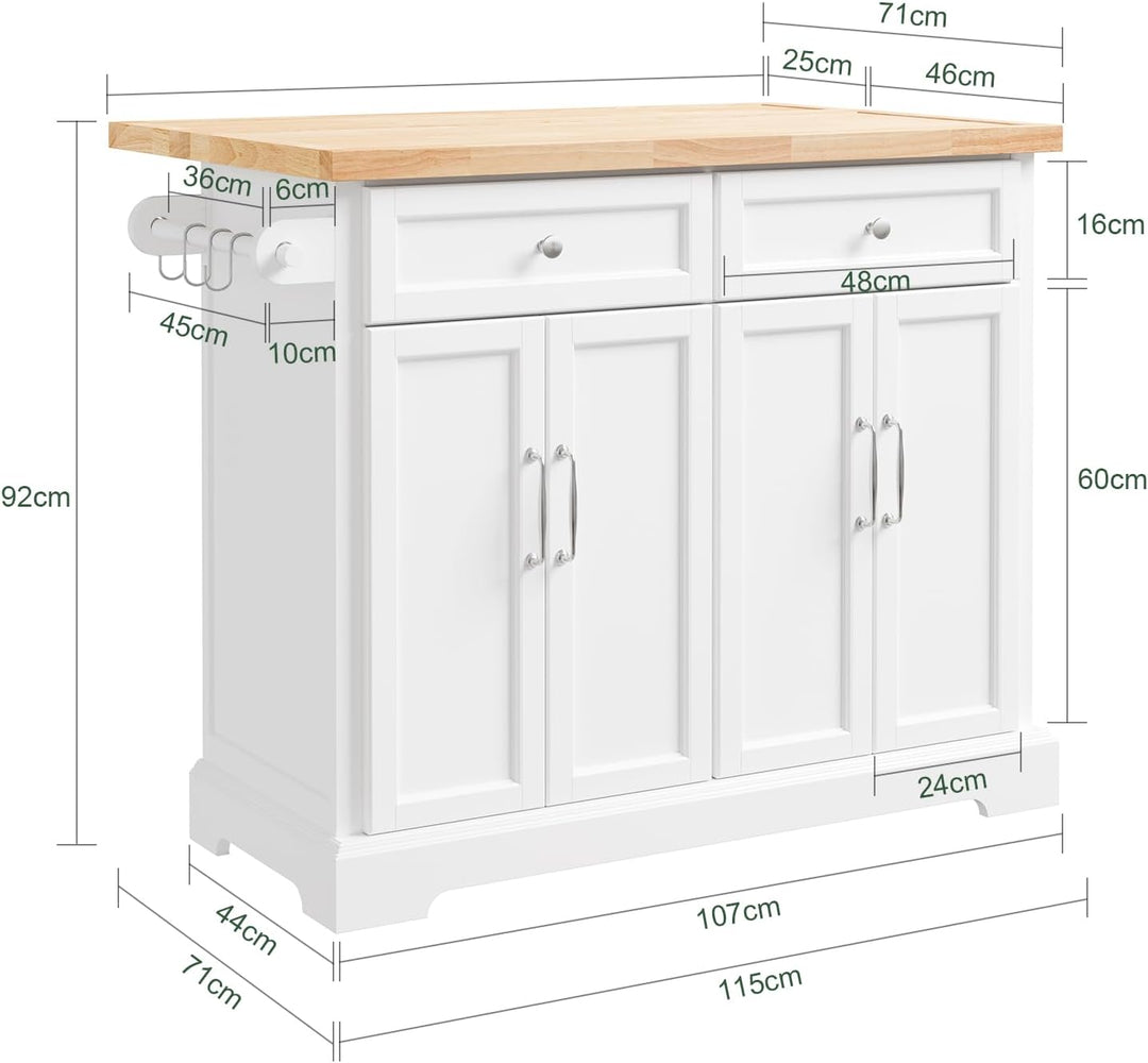 Stor køkkenø på hjul med udtrækkelig bordplade, mobil køkkenvogn med skuffer og opbevaring
