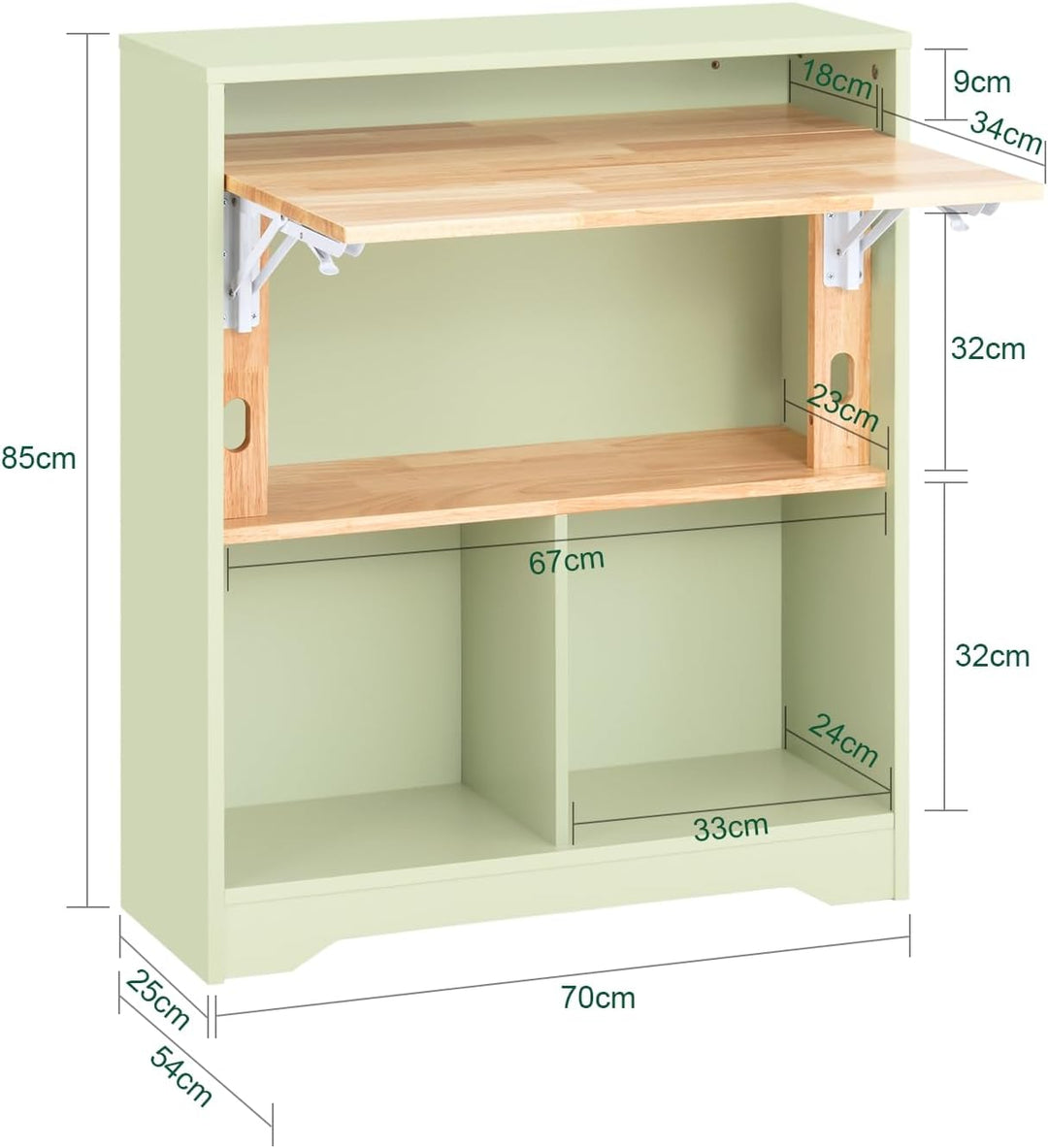 Pladsbesparende skrivebord med hylder, B70 x D54 x H85 cm, grøn