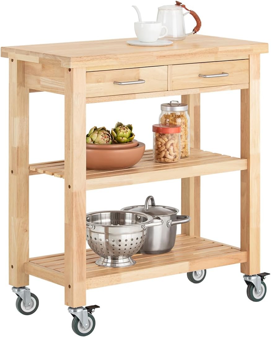 Serveringsvogn i massivt gummitræ – Mobil køkkenvogn med bordplade og hylder