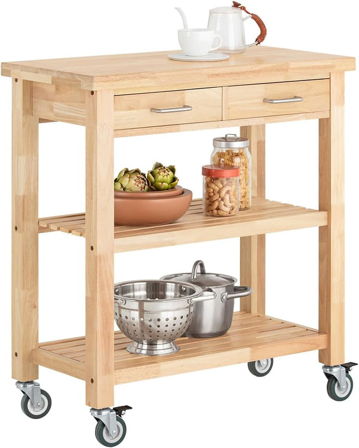 Serveringsvogn i massivt gummitræ – Mobil køkkenvogn med bordplade og hylder