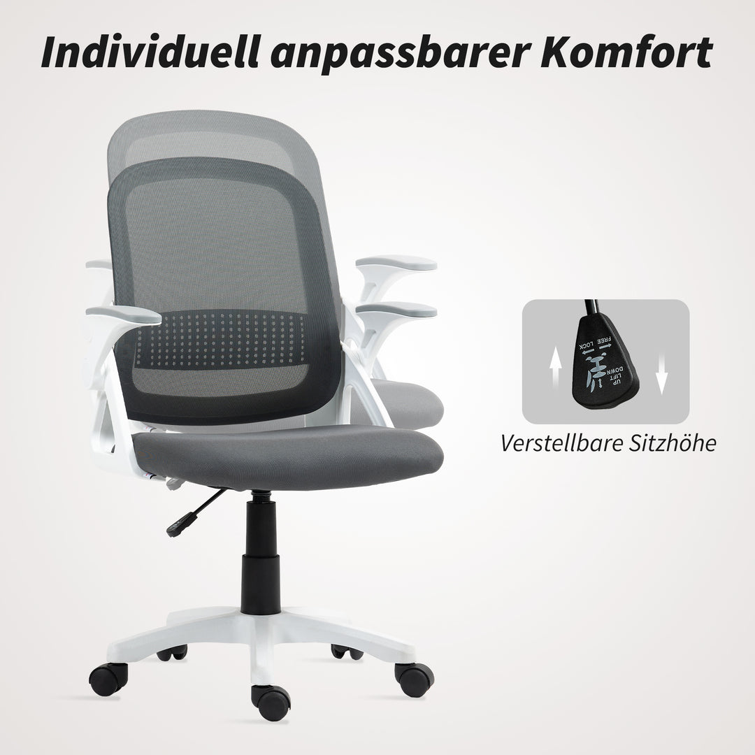 Åndbar netkontorstol, ergonomisk drejestol med foldbare armlæn og lændestøtte, grå