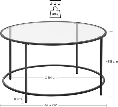Rundt sofabord i hærdet glas med stålramme, 84 x 84 x 46 cm, sort