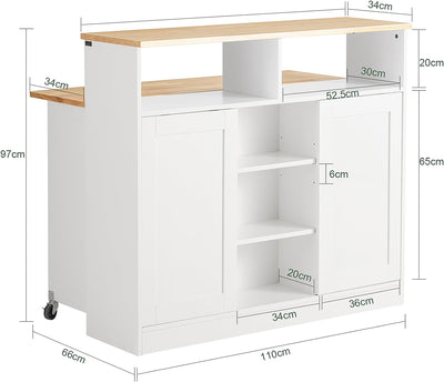 Funktionel køkkenø der kan udvides, 110 x 66 x 97 cm, hvid