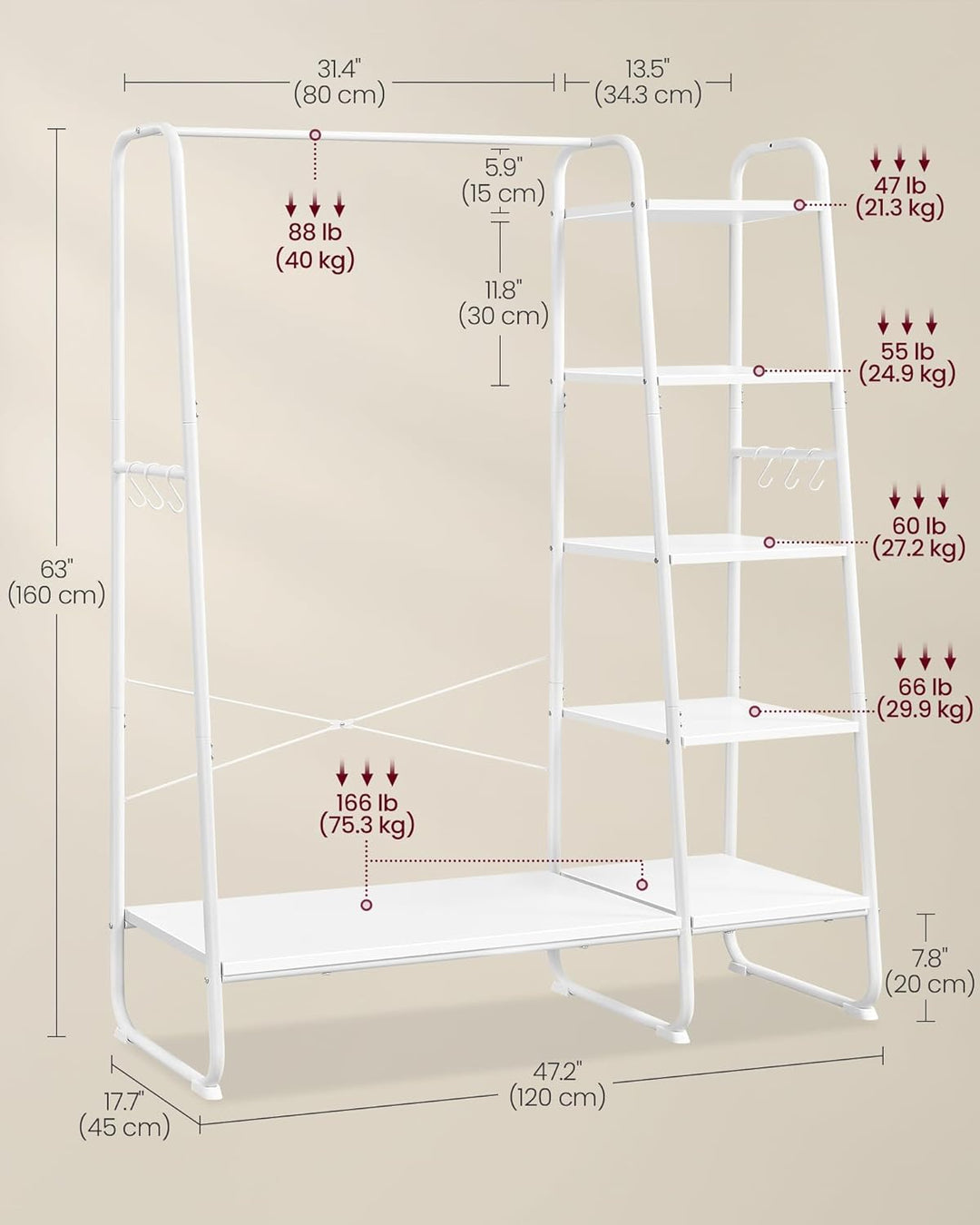 Tøjstativ med 5 hylder til opbevaring, skohylde, 6 kroge på siderne, hvid, mål: 45 x 120 x 160 cm
