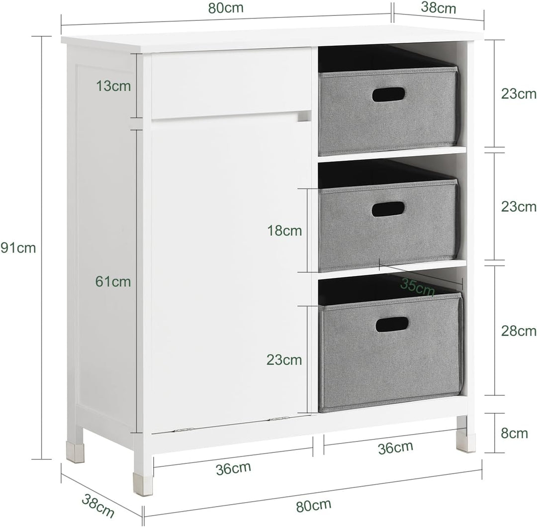 Kommode med indbygget vasketøjskurv til badeværelset, hvid (B80 x D38 x H90 cm)