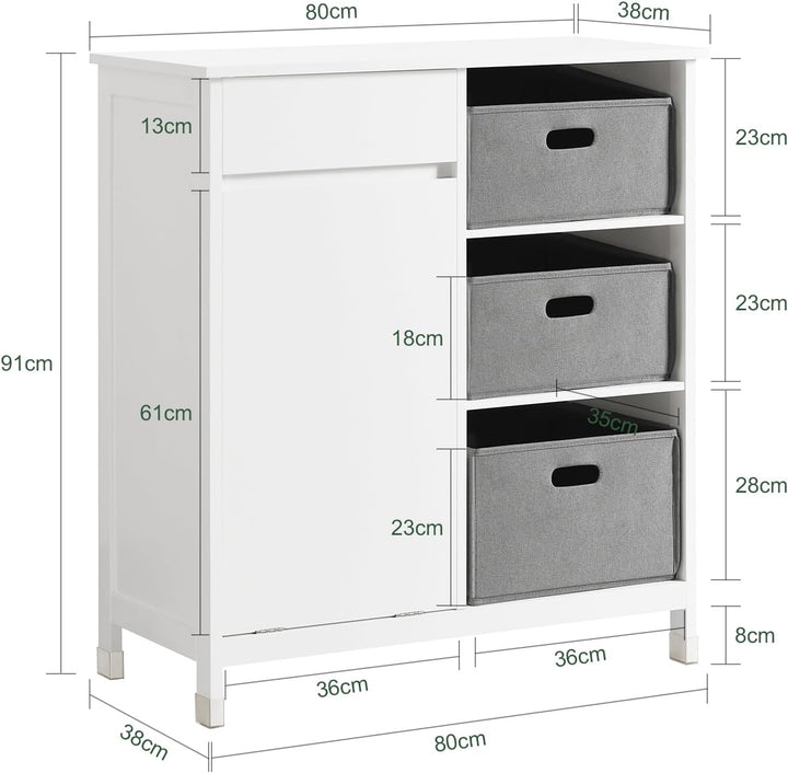 Kommode med indbygget vasketøjskurv til badeværelset, hvid (B80 x D38 x H90 cm)