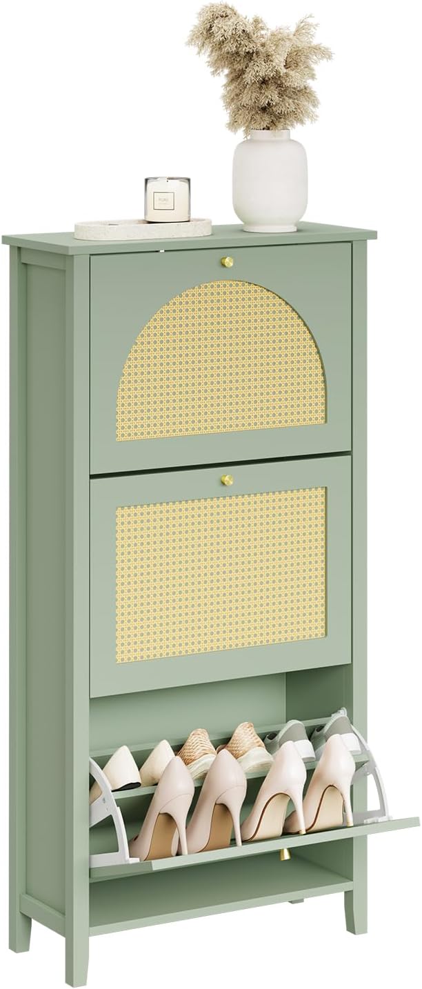 Skoskab smal - 62x25x121,5cm, MDF, rattandøre, skuffe, plads til 8 par sko, pladsbesparende, grøn gul