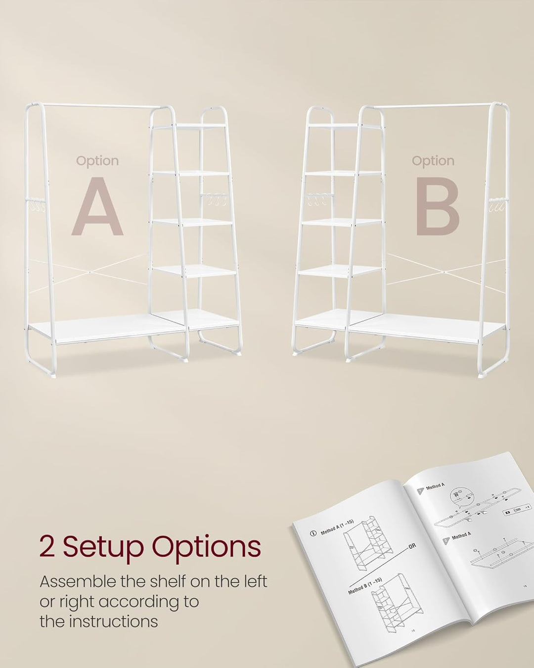 Tøjstativ med 5 hylder til opbevaring, skohylde, 6 kroge på siderne, hvid, mål: 45 x 120 x 160 cm