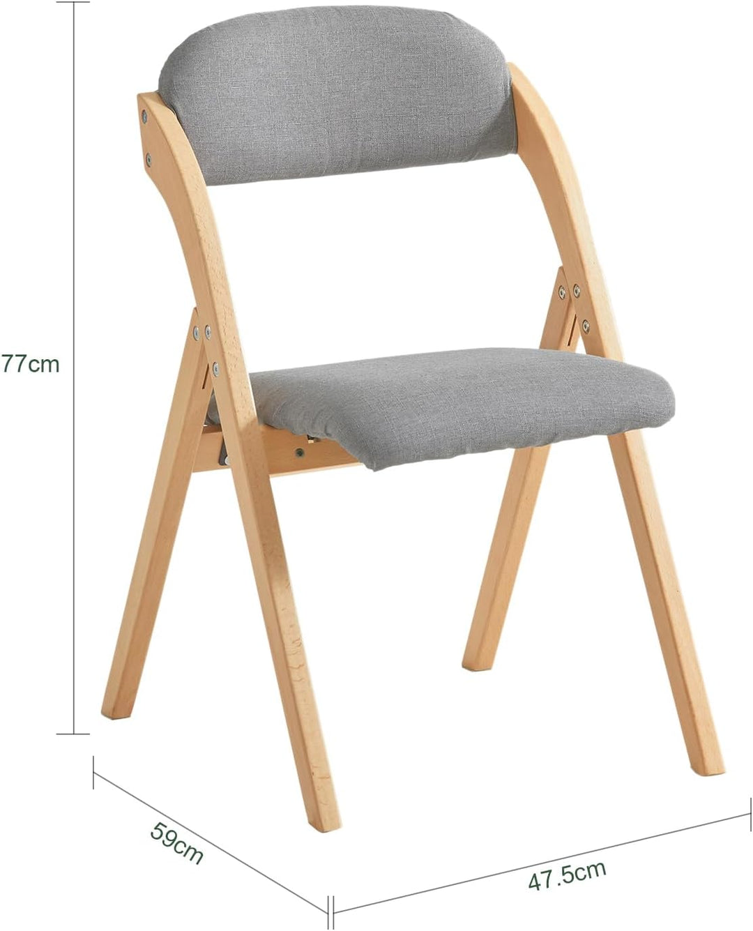 Sæt med 2 sammenklappelige, polstrede træstole i lysegrå – ergonomiske og pladsbesparende køkken- og spisebordstole, 47,5 × 77 × 59 cm