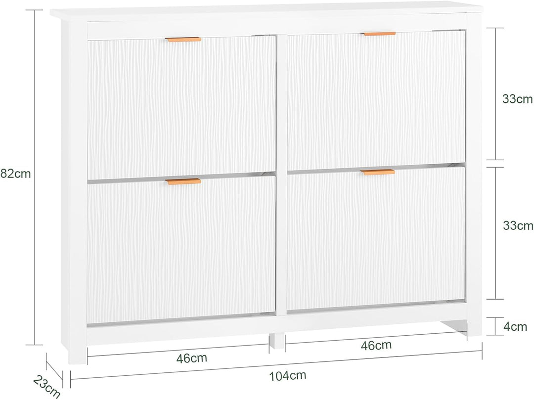 Smalt hvidt skoskab med 4 klaplåger – 8 opbevaringsrum til 16–24 par sko, ideel til entré og gang, 104 × 82 × 23 cm