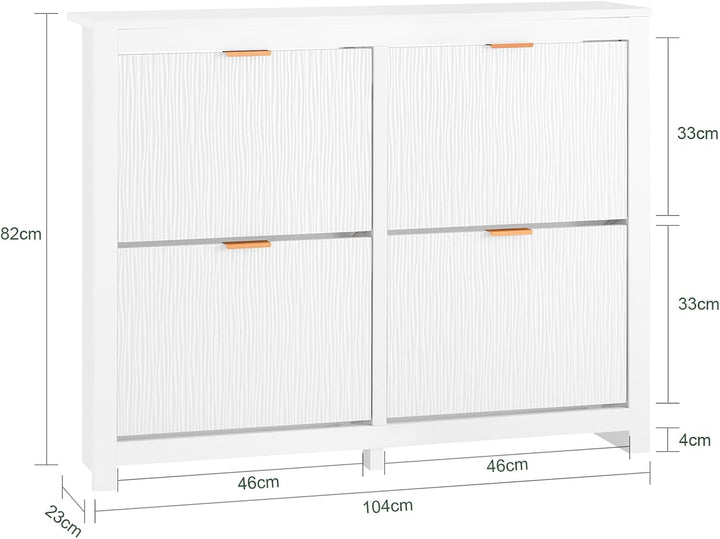 Smalt hvidt skoskab med 4 klaplåger – 8 opbevaringsrum til 16–24 par sko, ideel til entré og gang, 104 × 82 × 23 cm