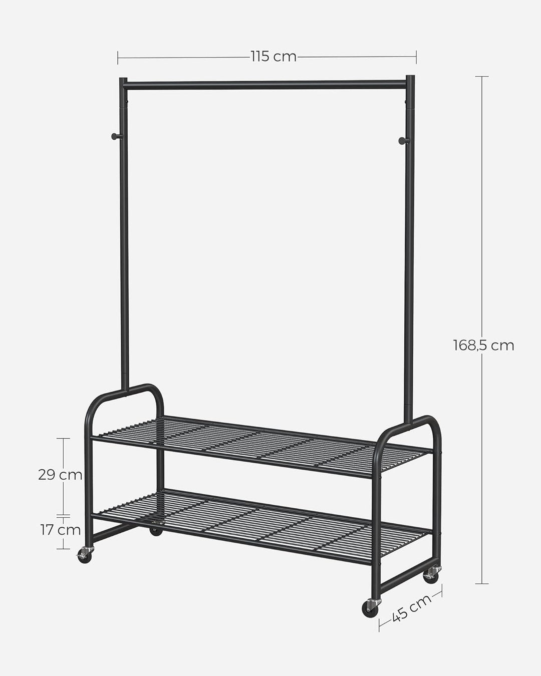 Stabil tøjstativ med skoreol, 45 kg bæreevne, metal, sort