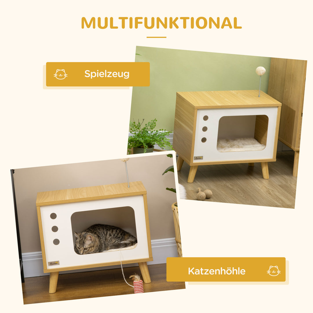 Kattehule i tv-design inklusive legetøj, vaskbar pude, 50 cm x 28 cm x 43 cm, eg + beige + hvid