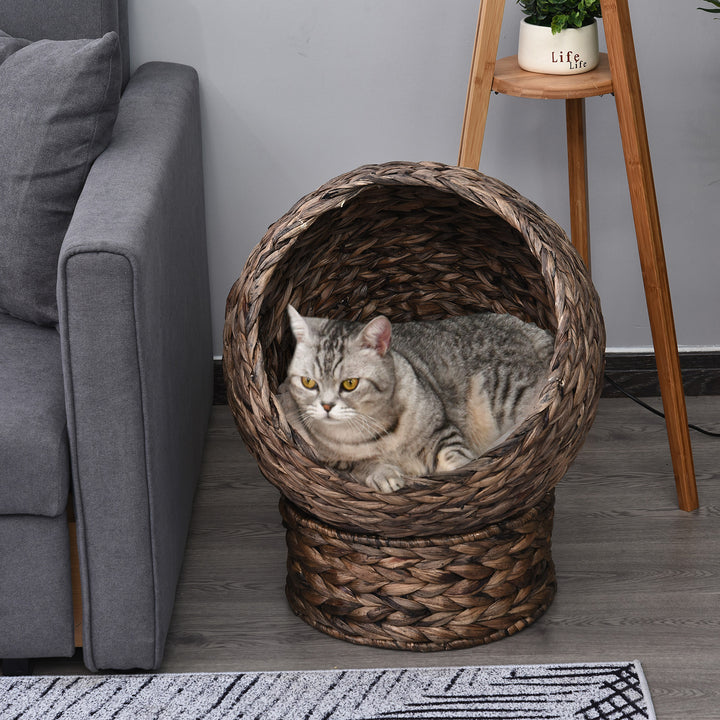 Vandhyacint kattekurv med pude, katteseng, kæledyrsseng, 50 cm x 42 cm x 60 cm, brun + beige