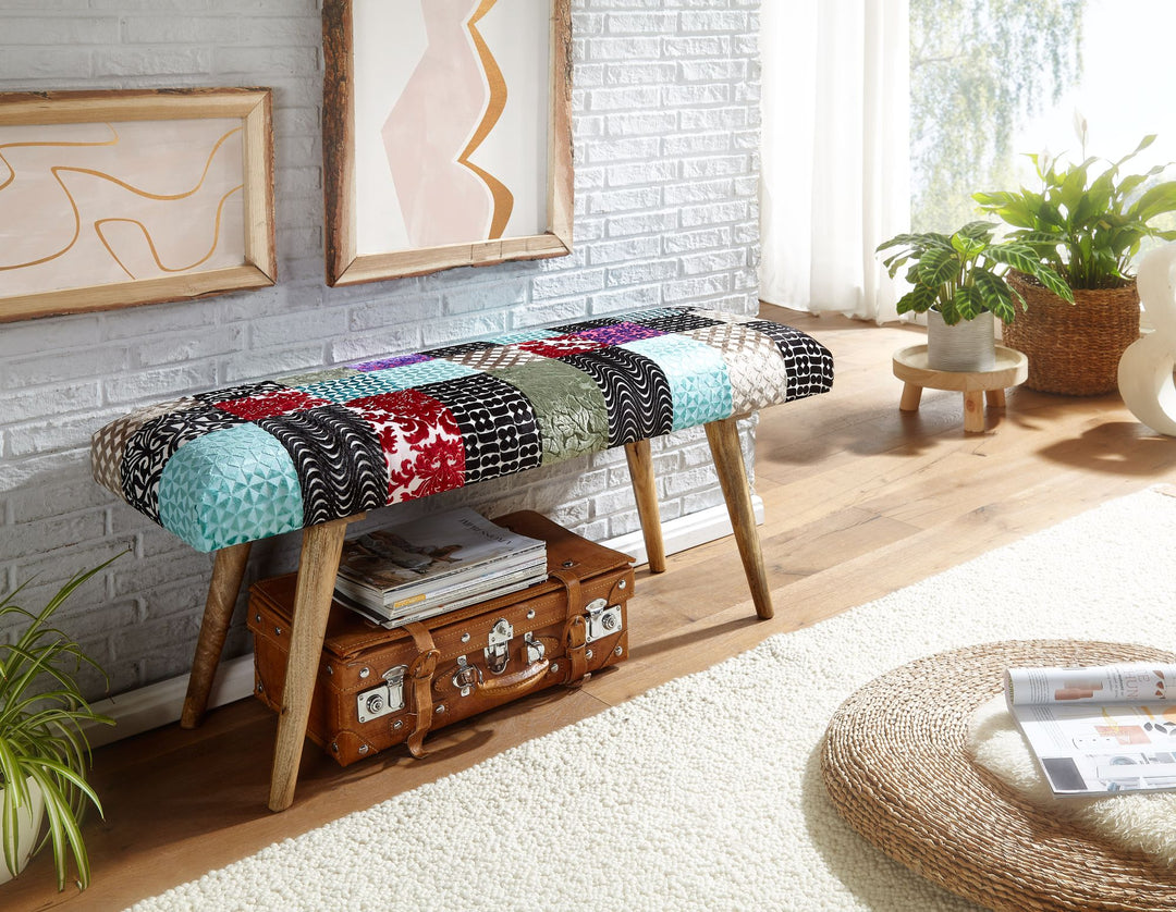 Fløjlsbænk / Massiv træbænk, farverig, 117x51x38 cm, patchwork sengebænk, designer polstret bænk til entreen, moderne polstret stofbænk til spisestuen, rygløs entrebænk