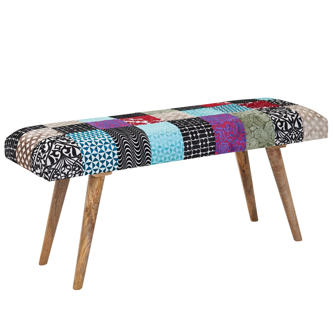 Fløjlsbænk / Massiv træbænk, farverig, 117x51x38 cm, patchwork sengebænk, designer polstret bænk til entreen, moderne polstret stofbænk til spisestuen, rygløs entrebænk