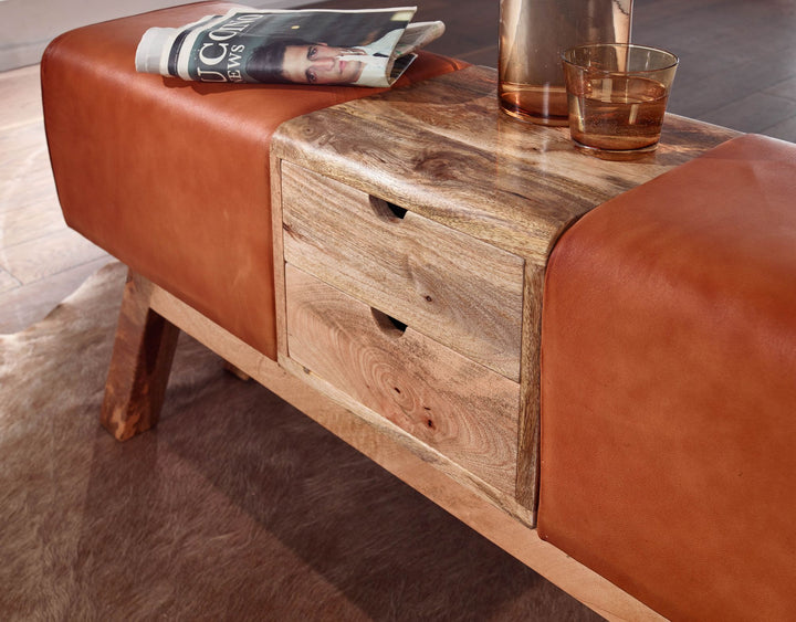 Designer springbænk til hest, brun, med skuffer, 120x56x30 cm, gymnastikbænk i ægte læder med opbevaring, garderobebænk, fodskammel, springhest, gymnastikbænk