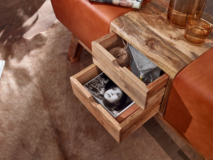 Designer springbænk til hest, brun, med skuffer, 120x56x30 cm, gymnastikbænk i ægte læder med opbevaring, garderobebænk, fodskammel, springhest, gymnastikbænk