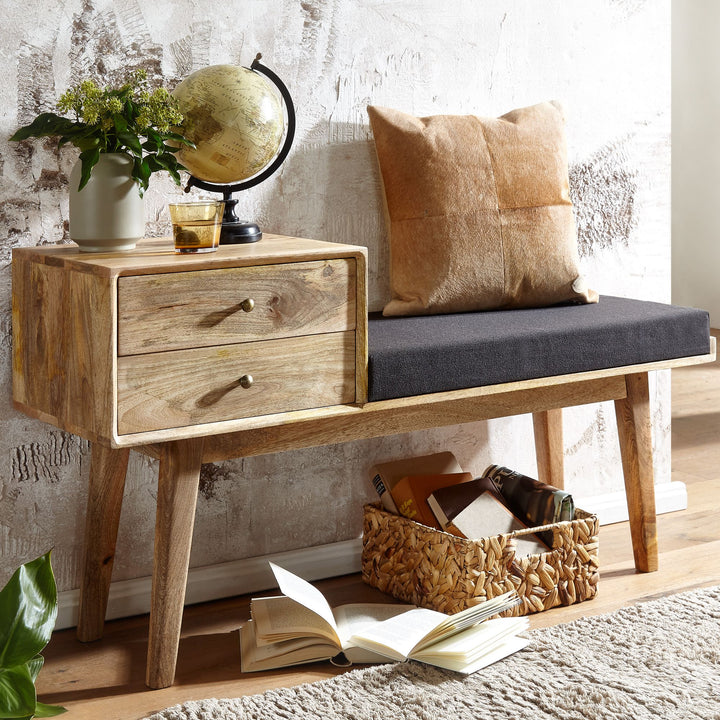 Bænk i stof/massivt træ, 120x65x40 cm, retrostil, polstret bænk til gangen med opbevaring, sort polstret bænk med stofopbevaring