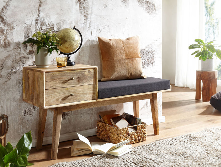 Bænk i stof/massivt træ, 120x65x40 cm, retrostil, polstret bænk til gangen med opbevaring, sort polstret bænk med stofopbevaring