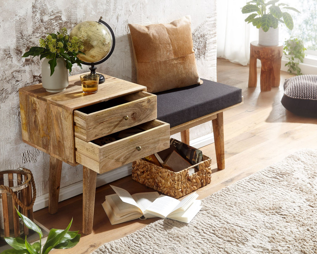 Bænk i stof/massivt træ, 120x65x40 cm, retrostil, polstret bænk til gangen med opbevaring, sort polstret bænk med stofopbevaring