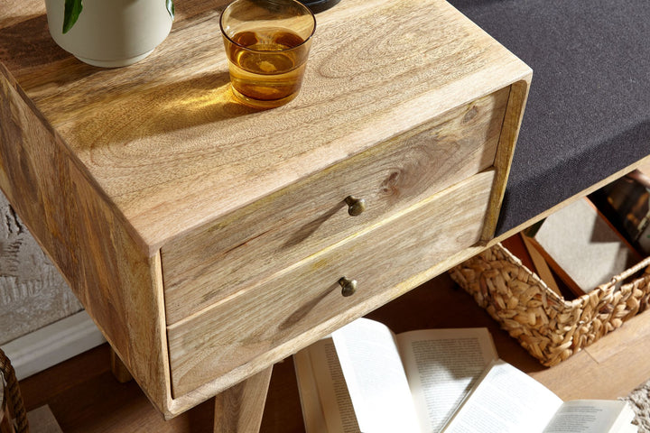 Bænk i stof/massivt træ, 120x65x40 cm, retrostil, polstret bænk til gangen med opbevaring, sort polstret bænk med stofopbevaring